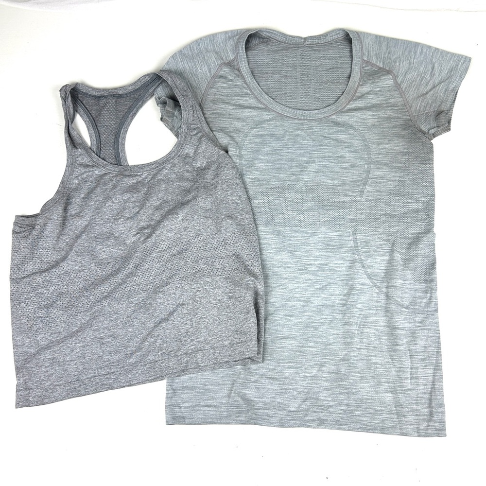 Lululemon Athletic Tech Gym Shirt Womens Size 8 Gray Stretch Top Set Of 2